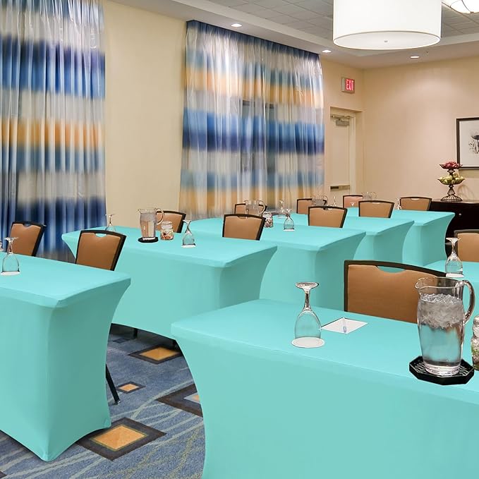 Enjoyidea Fitted Stretch Table Cover for 6 foot Rectangle Tables-8 Pack Aqua Blue Spandex Tablecloth-Elastic Folding Tablecloths for Party, Vendor Booth Display, Banquet Buffet Event, Craft Trade Show