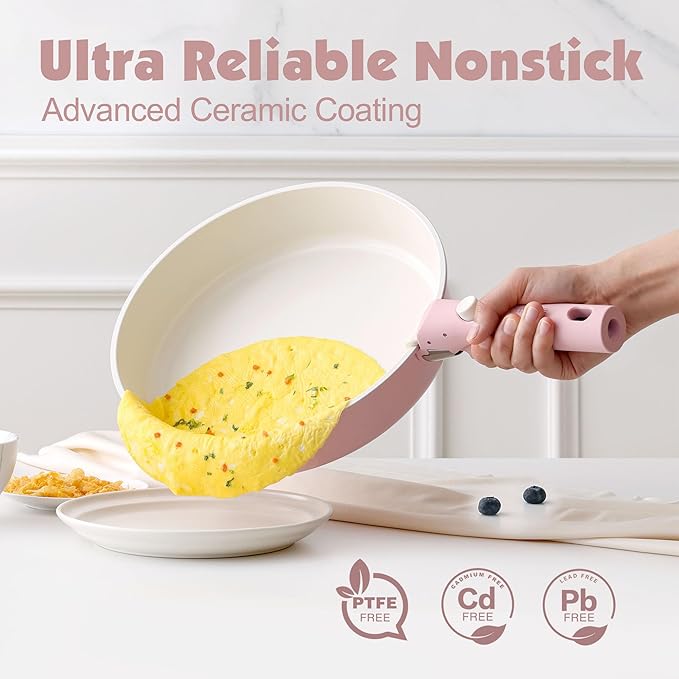 SENSARTE 24 Piece Ceramic Pots and Pans Set, Nonstick Detachable Handle Cookware, Induction Kitchen Cookware Set with Removable Handle, Healthy Non Stick for RV, Dishwasher竊냀ven Safe, PFOA Free (Pink)
