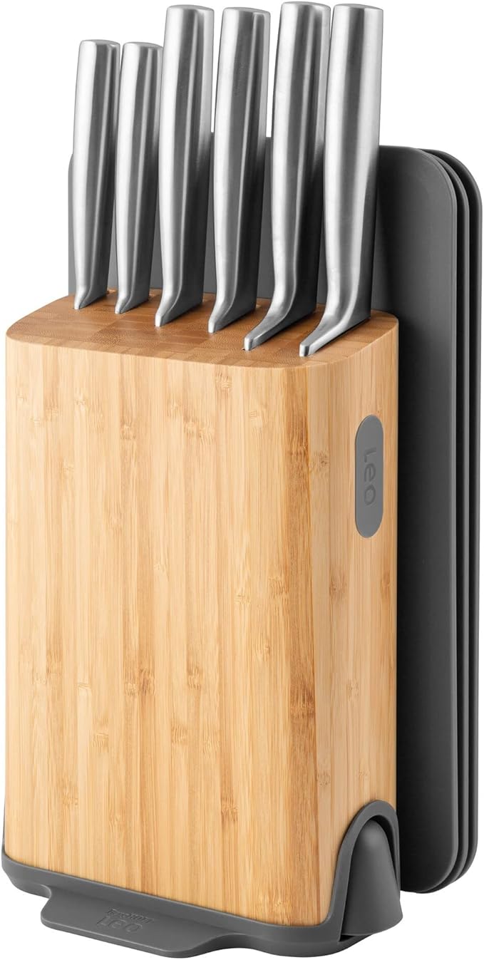 BergHOFF Legacy 11Pc Knife Block Set, Stainless Steel Sharp Blade Kitchen Knives, Wood Block, Cutting Boards, Sharpener, Anti-skid Base, Hollow Handle, Magnet for Scissors, Seamless Construction