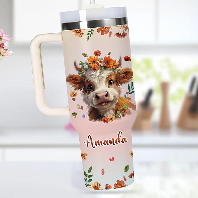 AGGLOMEKC Personalized Cute Cow Cup - Mother's Day Birthday Gift For Animal Lovers - Just A Girl Who Loves Highland Cow Tumbler 40oz With Custom Name - Pet Lover Gifts For Women, Her