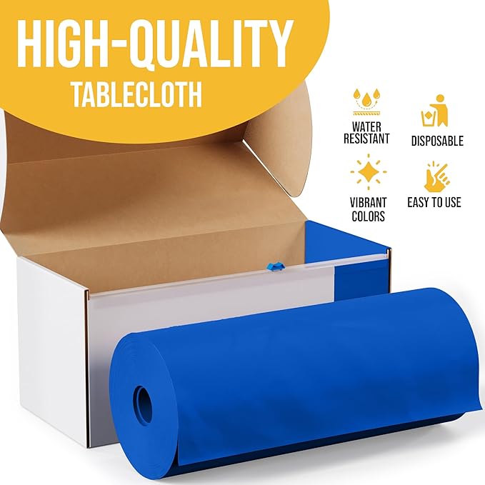 Party Solids 54 Inch X 100 Feet Dark Blue Plastic Table Cover Roll in A Cut - to - Size Box with Convenient Slide Cutter. Cuts Up to 12 Rectangle 8 Feet Plastic Disposable Tablecloths