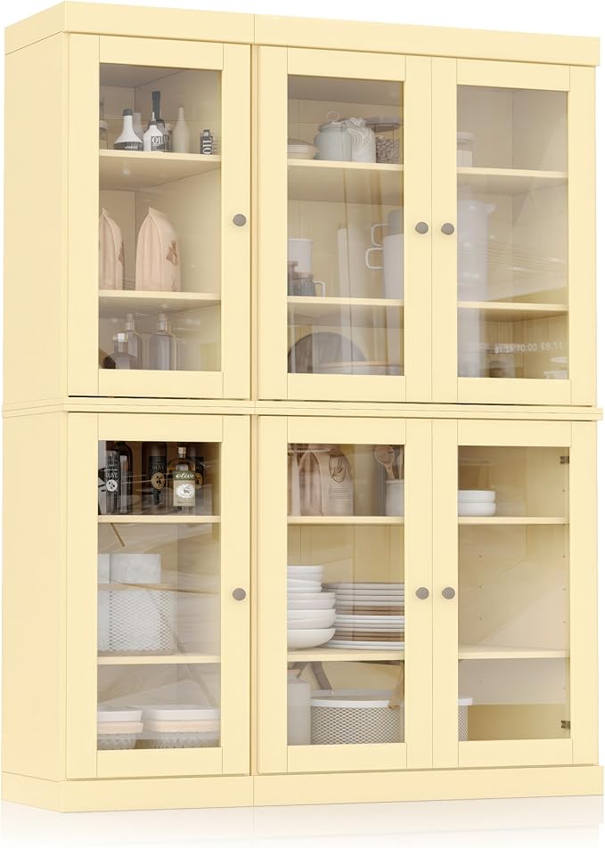 Palace Imports 100% Solid Wood 48.5" Pantry China Cabinet with Clear Glass Doors and Adjustable Shelves (Yellow)