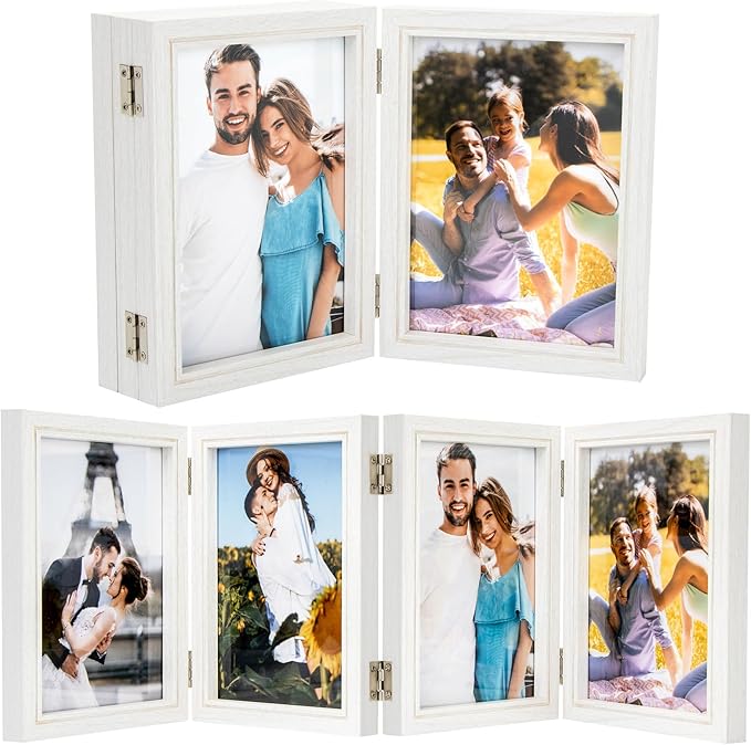 5x7 Four Picture Frame 4 Hinged Photo Frame with 4 Openings, Natural Wood Foldable Photo Frame with High Definition Acrylic for Birthday Father's Day Christmas Gift, Rustic Desk Family Picture Collage, White
