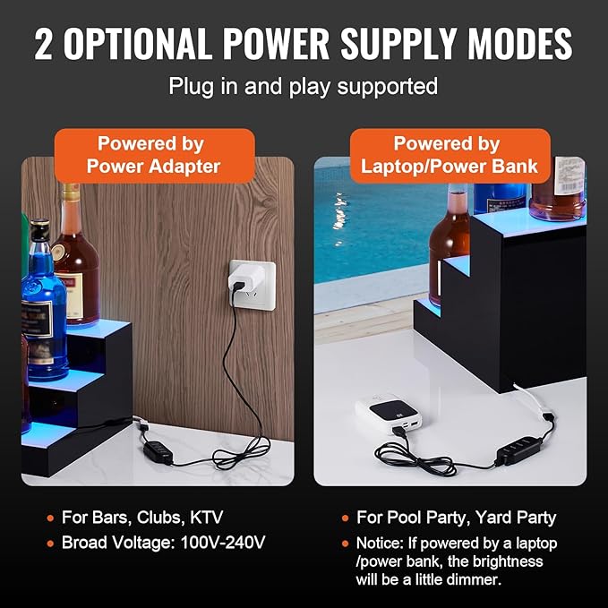 VEVOR LED Lighted Liquor Bottle Display, 3 Tiers 16 Inch Commercial Illuminated Home Bar Shelf, 3 Steps Whiskey Rack Stand, Acrylic Drink Shelves with RF Remote & App Control, and Multicolor Light