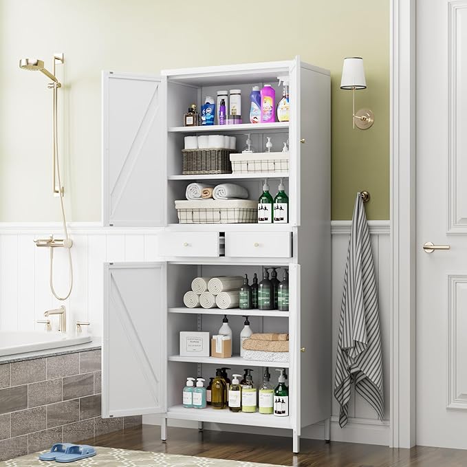 METAN Kitchen Pantry Storage Cabinet with 2 Drawers for Kitchen,Living Room,Metal Storage Cabinets with 4 Adjustable Shelves,Assembly Required,White
