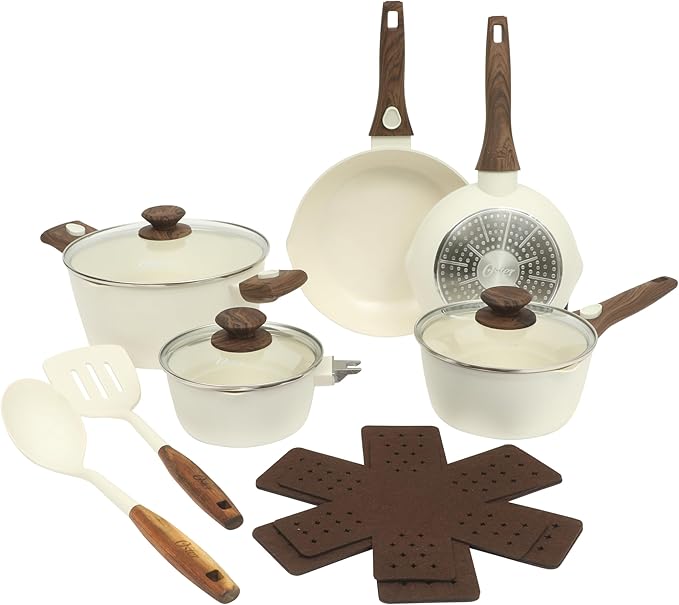 Oster SmartHandle Advance 18-Piece Ceramic Nonstick Cookware Set ??Matte Linen Finish, Induction, Detachable Handles, Oven & Dishwasher Safe Pots Pans, w/Utensils & Pan Protectors