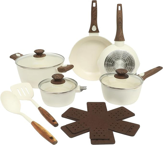 Oster SmartHandle Advance 18-Piece Ceramic Nonstick Cookware Set ??Matte Linen Finish, Induction, Detachable Handles, Oven & Dishwasher Safe Pots Pans, w/Utensils & Pan Protectors