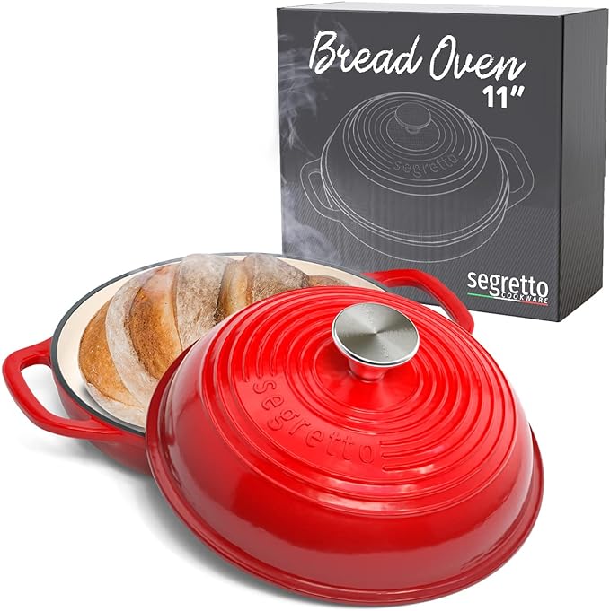 Enameled Cast Iron Bread Pan with Lid, 11??Red Bread Oven Cast Iron Sourdough Baking Pan, Dutch Oven for Bread, No Seasoning Needed -Segretto Cookware