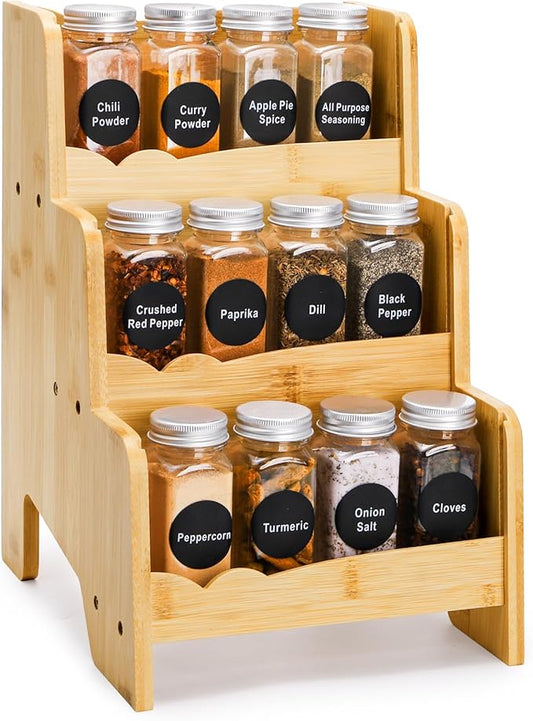 Jucoan 3-Tier Bamboo Spices Rack Organizer for Kitchen Countertop, Tiered Spice Rack for Pantry Cabinet Hold 12 Spices Jars, Space Saving Compact