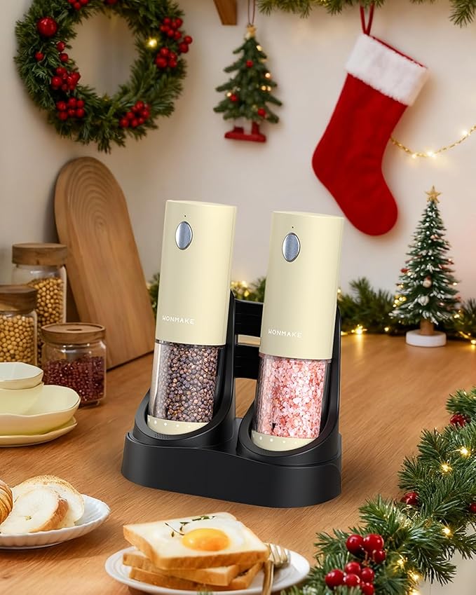 Electric Salt and Pepper Grinder Set - Automatic Refillable Salt and Pepper Grinders with Charging Base & LED Light, 6-Level Adjustable Coarseness with External Dial, Ideal Kitchen Gadget竊똁eige