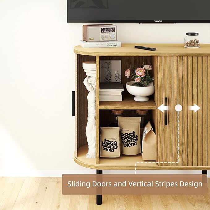 EAG Buffet Cabinet with Storage, 35" Fluted Sideboard Cabinet with Sliding Doors/Adjustable Shelves/Curved Profile, Credenza Cabinets for Living Room, Kitchen, Entryway, Natural