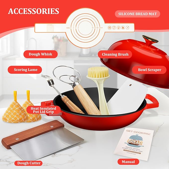 YUTANN Cast Iron Bread Baking Dutch Oven - Enameled Cast Iron Oven Pot with Dome Lid,5QT Bread Baker for Perfect Crust,Oven Safe to 500째F,Classic Red