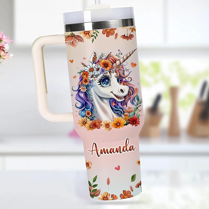 AGGLOMEKC Personalized Cute Unicorn Cup - Mother's Day Birthday Gift For Animal Lovers - Just A Girl Who Loves Unicorn Tumbler 40oz With Custom Name - Pet Lover Gifts For Women, Her