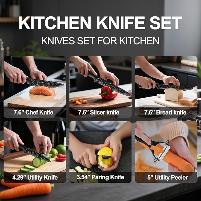 Knife Set, 6 Pieces Kitchen Knives Set with Anti-Rust Coating & Ergonomic Handles, Lightweight, Dishwasher Safe stainless steel Knife, Gift for Kitchen Enthusiasts, Family Chef(Bend)