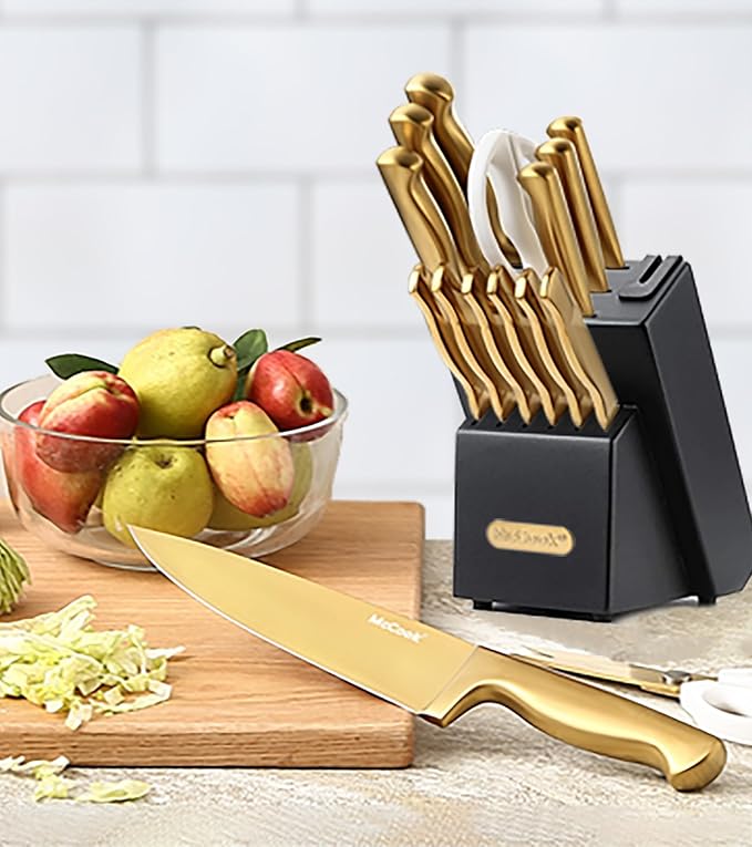 McCook짰 Knife Sets, Golden Titanium Stainless Steel Kitchen Knife Block Sets with Built-in Sharpener