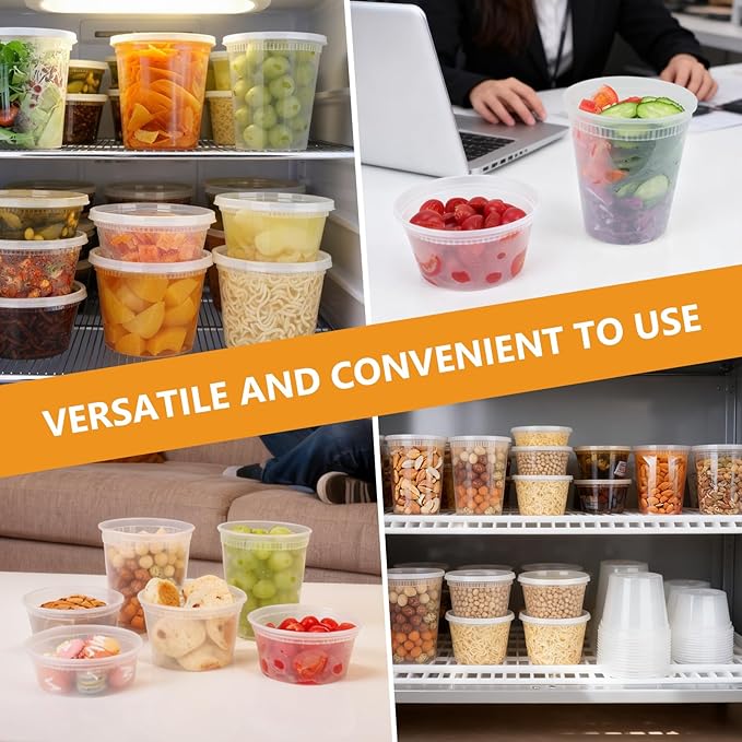 NESCCI 96 Pack (192-Piece) Deli Containers with Lids, 32/16/12/8 oz X 24 Set Each, Leak-Proof & BPA Free Airtight Takeout Plastic Food Storage Containers for Soup, Meal Prep,Microwave/Freezer Safe