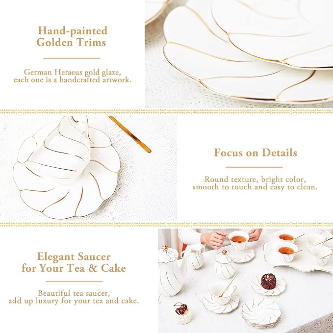 DUJUST 6 pcs Porcelain Tea Saucer, 6 inch, Luxury British Style Tea/Coffee Cup Saucer with Golden Trim, Beautiful for Living Room Decor, Party Set, Gift Package - White