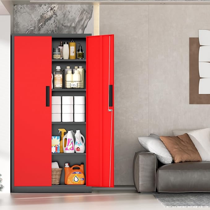 INTERGRAET 63" Tall Pantry Cabinet,Kitchen Pantry Storage Cabinets with 2 Doors and 4 Shelves,Black Red Metal Storage Cabinet,Cupboard for Home,Kitchen,Living Room/Dining