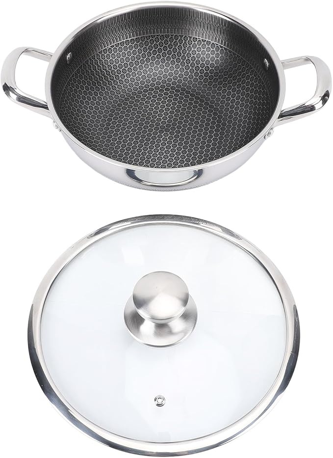 Stainless Steel Wok Pan, Nonstick Frying Pan Honeycomb Stir Fry Skillet with Lid, Compatible with Induction Cooker Gas Range, Dishwasher Safe (30cm)