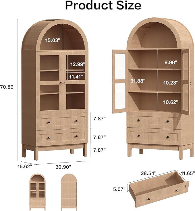 71" Tall Arched Kitchen Pantry, Storage Cabinet with Glass Doors, 2 Large Drawers & 3 Adjustable Shelves, Modern Farmhouse Design for Home Kitchens, Small Homes & Apartments