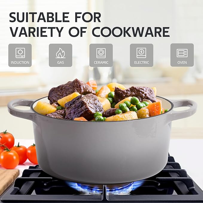 6 Quart Dutch Oven Enameled Cast Iron with Lid - Big Dual Handles - Oven Safe up to 500째F - Classic Round Pot for Versatile Cooking (Light Gray, 6 QT)