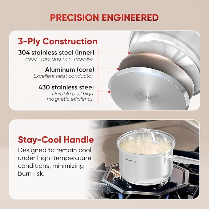 Sunhouse ??3 Quarts Stainless Steel Sauce Pan with Lid - PFOA-FREE, Stainless Steel Sauce Pan, Advanced Impact Bonding Induction Base, Stay-Cool Handle, Compatible with All Cooktops