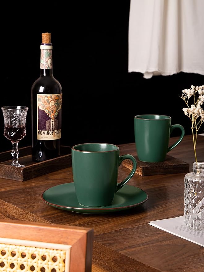 famiware Venus Coffee Mugs for 4, 12 oz Mug Set, Dringking Cup with Handle for Coffee, Tea, Cocoa, Milk, Dark Green