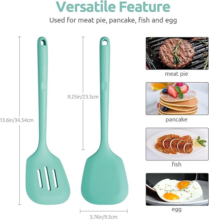 U-Taste 600쨘F Heat Resistant Silicone Turners: 13.6in Long Solid & Slotted Kitchen Spatula Flipper, Wide and Large Flexible Cooking Utensil for Flipping Egg, Pancake, Cookie (Aqua Sky, 2PCS)