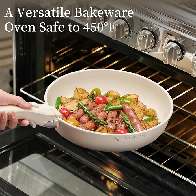 JEETEE Pots and Pan Set Non Stick 20 Pcs, Cookware Set Detachable Handle, RV Kitchen Cooking Set Removable Handles, Stackable Non-stick Set, Oven Safe, Beige