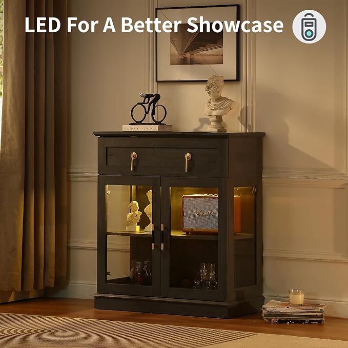 31.5'' Accent Small Buffet Cabinet with Storage, Buffet Sideboard with Two Glass Doors and a Drawer,Small Coffee bar Cabinet with Adjustable Shelf,for Kitchen and entryway,Blue