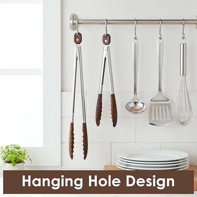 4Pcs Wooden Tongs for Cooking, Stainless Steel Salad Tong with Walnut Wood Tip, 9 Inch 12 Inch Walnut Wooden Kitchen Tongs, Anti-Slip Long Handle Wood Kitchen Utensils for Salad Tossing