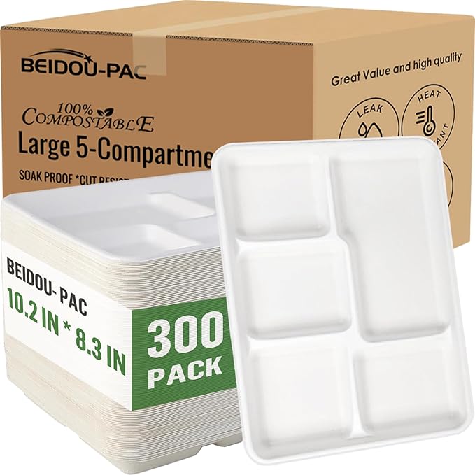 5 Compartment Compostable Heavy Duty Disposable Paper Plates, 300 Count | 10.2" X 8.3" | Natural Bagasse, White Biodegradable Eco-Friendly School Lunch, Buffet, Party Sugarcane Tray