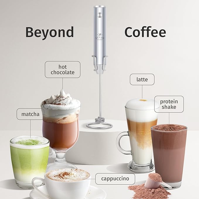 Zulay Kitchen Lux Electric Milk Frother Rechargeable Handheld - Powerful 2-Speed Motor, Waterproof, 2000mAh Battery - Drink Mixer for Latte, Cappuccino, Matcha & Protein Powder - Pure Silver