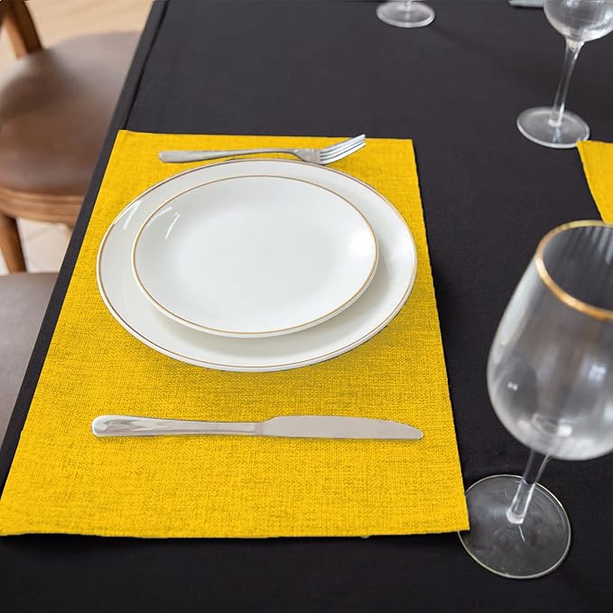Rinpon Cloth Yellow Placemats Set of 8, Linen Type Fabric Placemats Machine Washable Heat Resistant Placemats Polyester Place Mats for Halloween, Thanksgiving and Christmas Dining Table (Yellow)