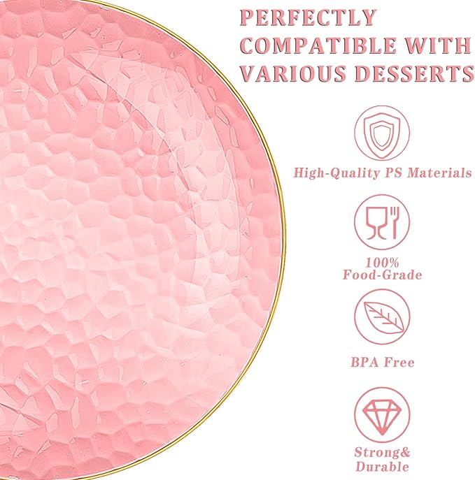 Rubtlamp 60 Pcs Pink Gold Plastic Plates, Gold Hammered Disposable Salad Plates, 7 Inch Disposable Dessert Platos, Plastic Dessert Appetizer Platos Perfect for Mother's Day