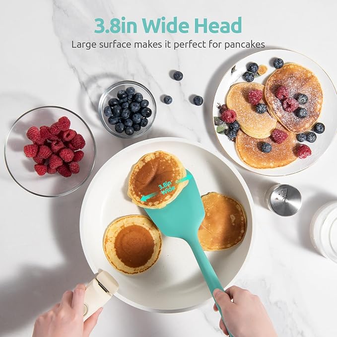 U-Taste 600쨘F Heat Resistant Silicone Turners: 13.6in Long Solid & Slotted Kitchen Spatula Flipper, Wide and Large Flexible Cooking Utensil for Flipping Egg, Pancake, Cookie (Aqua Sky, 2PCS)