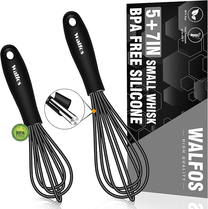 Walfos Whisk 5+7in/12cm+17cm Mini Whisk,Silicone Whisks Non Scratch Heat Resistant (480째F). Nice for stirring individual eggs and mixing small amounts of powder and sauce.Dishwasher Safe.Black