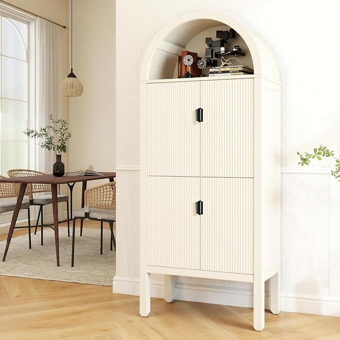 71" Tall Arched Fluted Storage Cabinet - Modern Pantry Cabinet with 4-Tier Shelves, Open Display & Sealed Storage, Accent Sideboard for Living Room Kitchen Dining Room (Antique White)