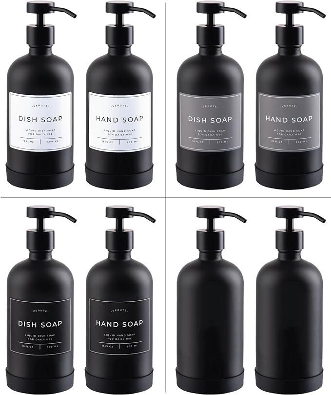 Hand and Dish Soap Dispenser for Kitchen and Bathroom, Set of 2 16 Oz Glass Bottles, Stainless Steel Pumps, Non-Slip Silicone Base, 27 Waterproof Labels (Matte Black Bottle/Black Pump)