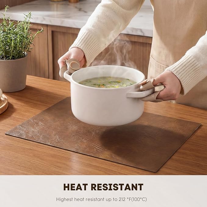 Artoid Mode Brown Faux Leather Placemats Set of 6, 12x18 Inch Waterproof Wipeable Heat Resistant Place Mats, Reversible Table Mats for Kitchen Dining Decor