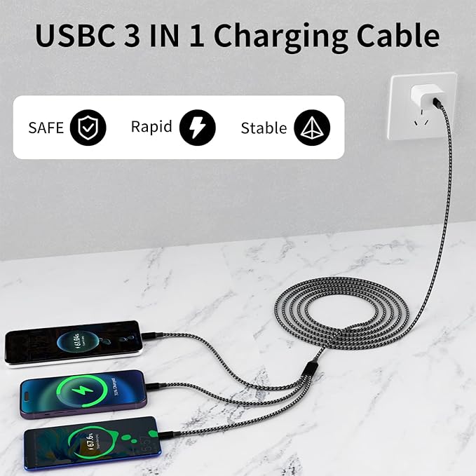IDISON USB C Multi Charging Cable [2Pack 4FT], 3 in 1 Charging Cable Nylon Braided USB-C Multiple Charger Cord with Type-C, Micro USB and IP Port for iPhone 16/15 Series/Cell Phones and More