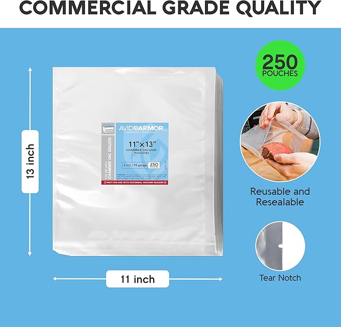 Avid Armor Chamber Vacuum Sealer Bags ??Heavy Duty, BPA-Free, Pre-Cut Chamber Vacuum Bags for Food Preservation, Freezer Storage, Sous Vide and more, 250/Pack (11x13) ??Multi-Use Vacuum Bags
