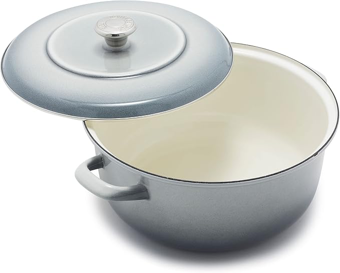 Merten & Storck 5.3QT Round Dutch Oven Casserole Pot with Lid, European Crafted Enameled Iron Stockpot, Induction & All Cooktops, Braising, Stews, Roasting, Slow Cooking, Sourdough, Cloud Gray