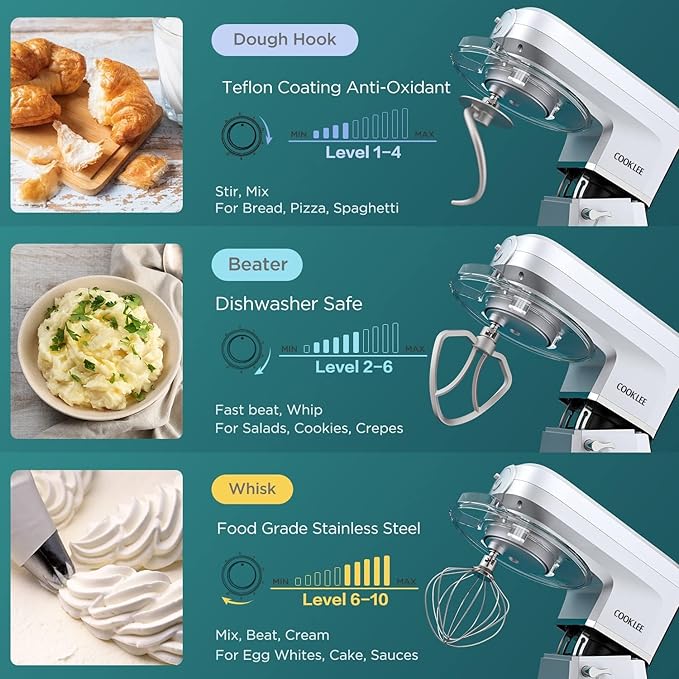 COOKLEE 6-IN-1 Stand Mixer, 8.5 Qt. Multifunctional Electric Kitchen Mixer with 9 Accessories for Most Home Cooks (silver)