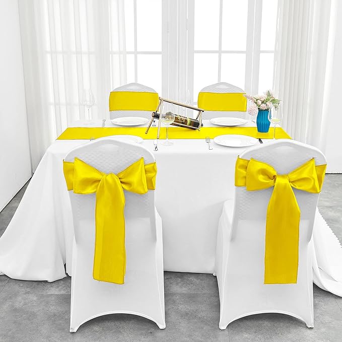 4-Pack Yellow Satin Table Runner 12 x 108 Inch Long Bright and Smooth Silk Fabric Table Runner for Wedding Banquet Birthday Party Decoration