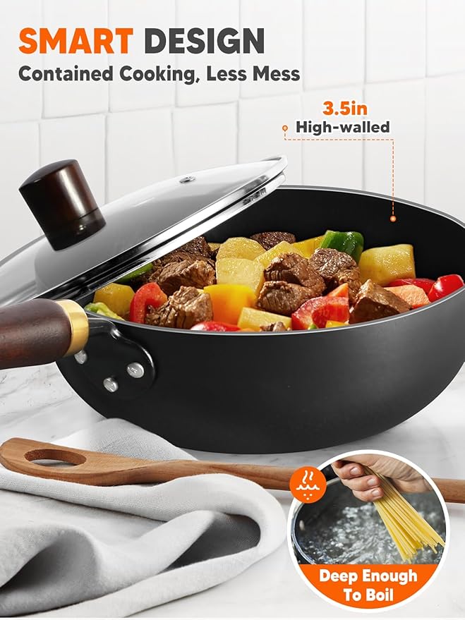 Carbon Steel Wok, 9.5" Deep Frying Pan With Lid, Flat Bottom Small Wok, 3-Qt. Saute Pan, Authentic Chinese Stir-Fry Pans with Glass Lid