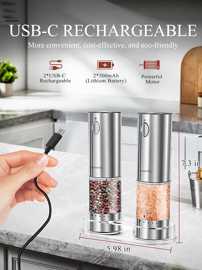 [Upgraded Larger Capacity] Tomentific Electric Salt and Pepper Grinder Set with Storage Base, Stainless Steel Pepper Mills with Washable Container, White LED Light, External Adjustable Coarseness