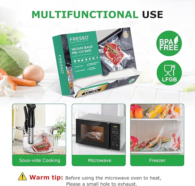 FRESKO 8"x12" Food Vacuum Sealer Bags, 120Pcs PreCut Bags for Food Vacuum Storage, Vacuum Seal Food Sealer Bags with BPA Free and Heavy Duty, Great for Sous Vide Bag Meal Prep