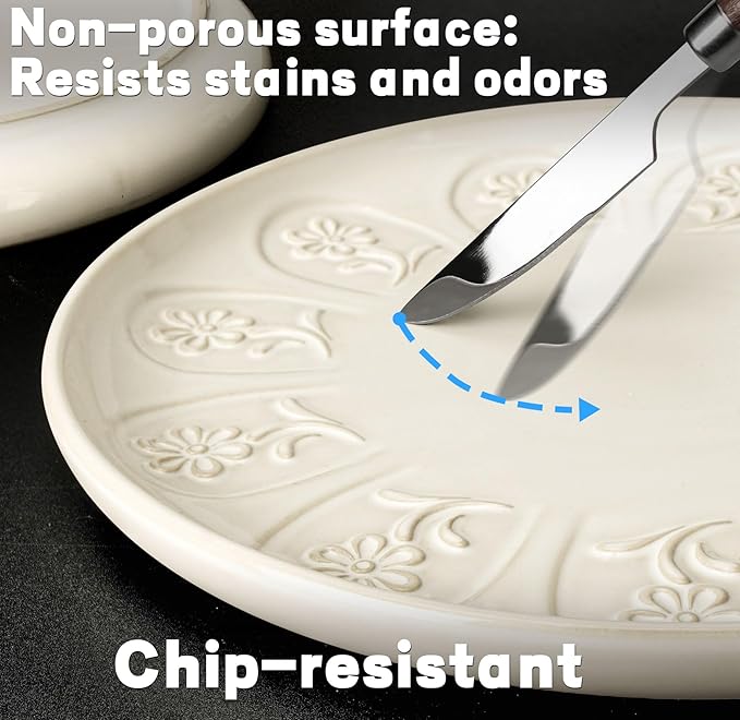 Artena Large Ceramic Dinner Plates Set Of 4, 10.75 Inch Embossed Kitchen Salad Plates, Modern Serving Plates For Restaurant, Plates With Lipped Edges, Microwave Dishwasher Safe (Pinwheel Flower)