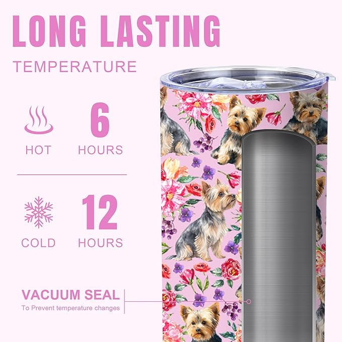 Yogusut Yorkie Gifts for Women, 20oz Stainless Steel Insulated Tumbler Travel Mug Cup with Lid Straw Brush, Gifts for Dog Mom Dog Lover